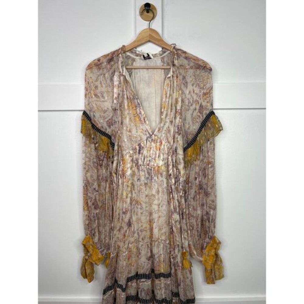 NWT Hemant and Nandita White Silver Gold Chiffon Lurex Floral Boho Midi Dress - Picture 4 of 9